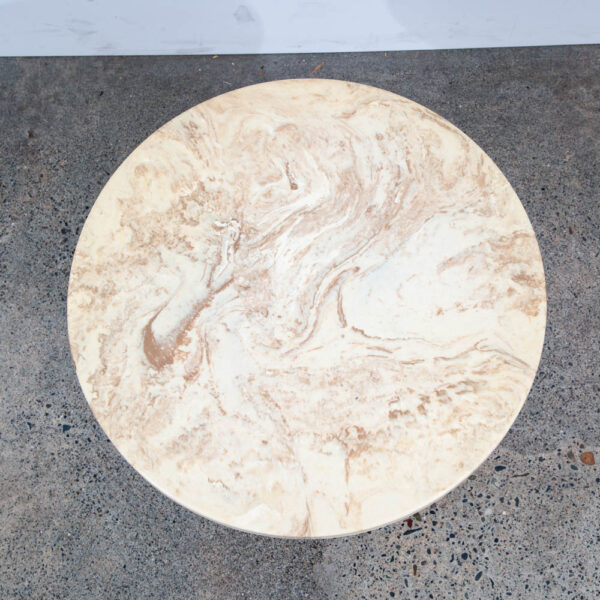 Mid Century Modern Side Table End Travertine Stone Walnut Base Round Nightstand - Image 2