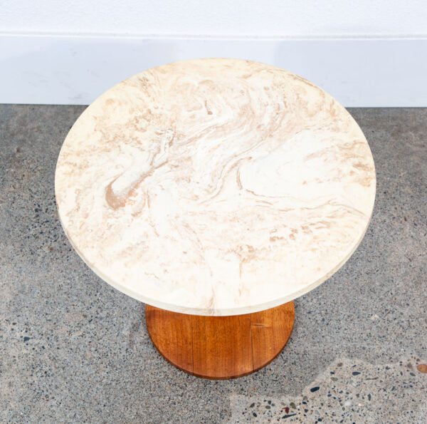 Mid Century Modern Side Table End Travertine Stone Walnut Base Round Nightstand - Image 10