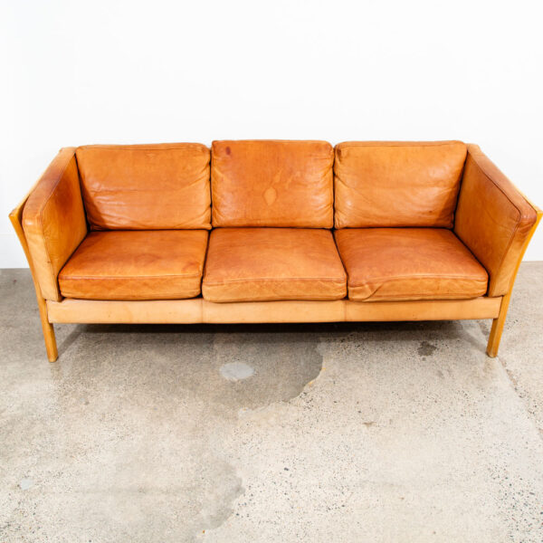Mid Century Danish Modern Sofa Couch 3 Seater Stouby Leather Tan Denmark 76 in - Image 5
