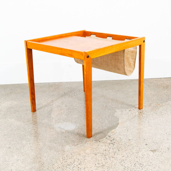 Mid Century Modern Magazine Rack Side Table Vintage Danish Canvas Sling Teak Mcm - Image 3