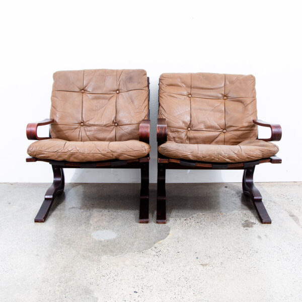 Mid Century Danish Modern Lounge Chairs Tan Leather Bentwood Set Pair Vintage - Image 2