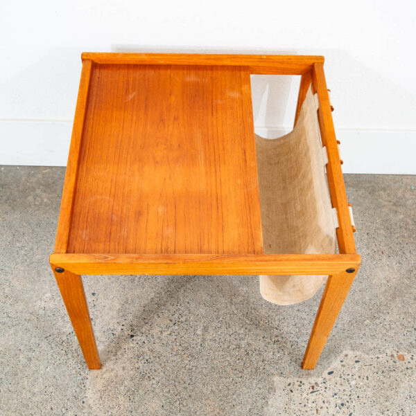 Mid Century Modern Magazine Rack Side Table Vintage Danish Canvas Sling Teak Mcm - Image 7