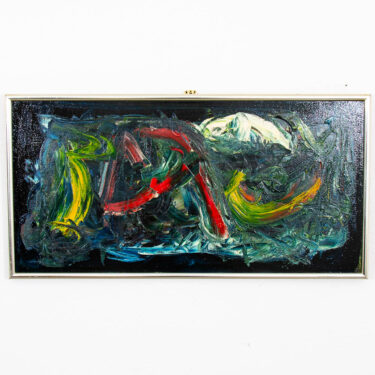 Mid Century Modern Oil Painting Danish Original Abstract Red Blue Yellow Frame