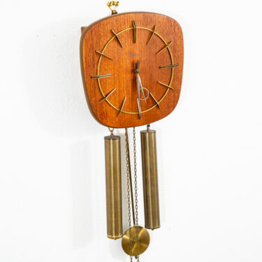Mid Century Modern Clock Keininger Teak Pendulum Weights Wall Hanging Vintage