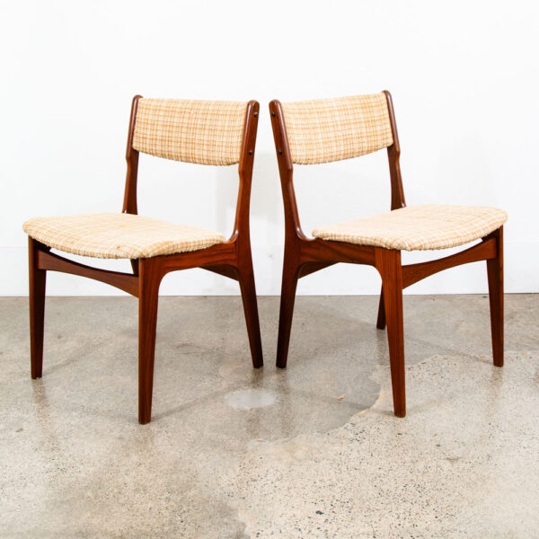 Mid Century Danish Modern Dining Chairs Set 4 Solid Teak Yellow White Tweed Mcm - Image 3