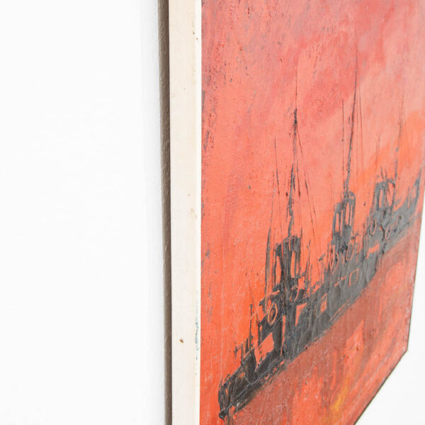 Mid Century Modern Danish Original Boats at Sea Oil Painting Abstract Red Black - Image 6