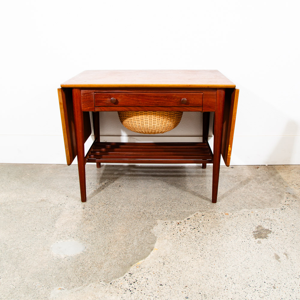 Mid Century Danish Modern Sewing Table Side Hans Wegner Teak Vintage Drop Leaf - Image 7