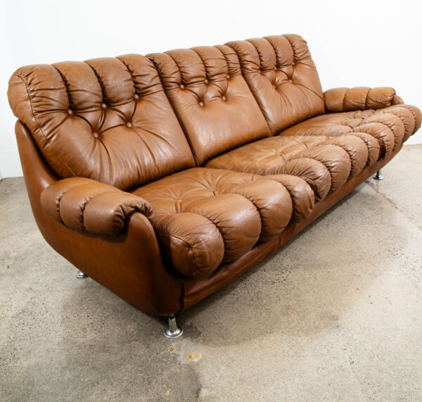 Mid Century Danish Modern Sofa couch Brown Caramel Leather Tufted 1970s 3 Seat