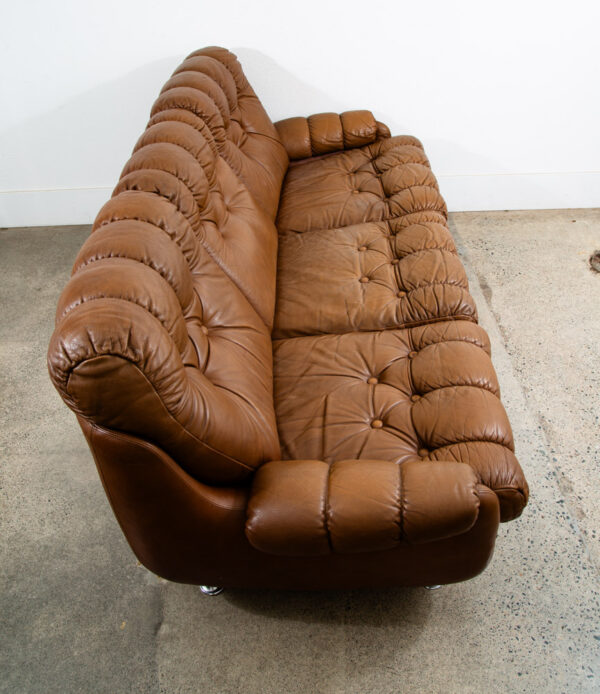 Mid Century Danish Modern Sofa couch Brown Caramel Leather Tufted 1970s 3 Seat - Image 4