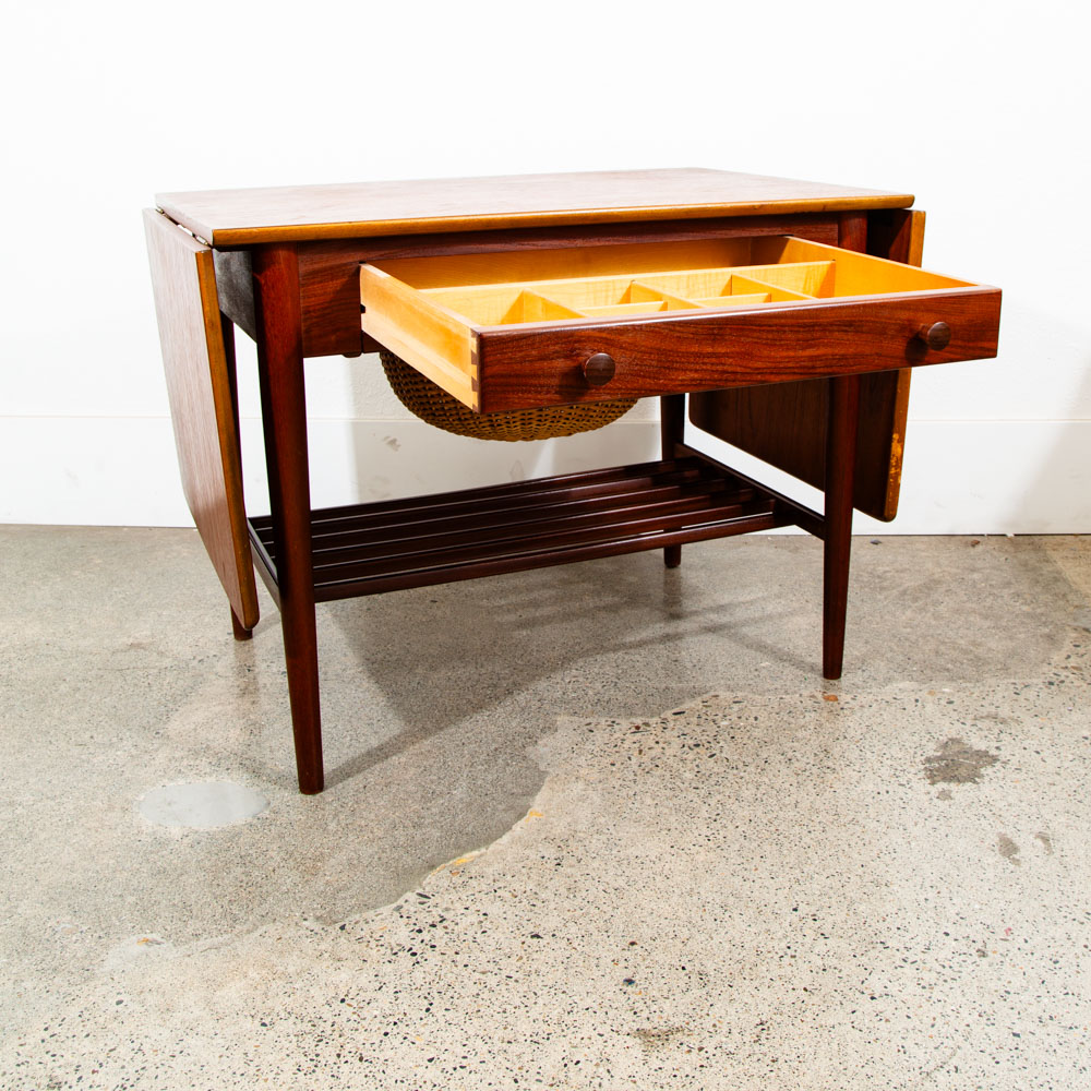 Mid Century Danish Modern Sewing Table Side Hans Wegner Teak Vintage Drop Leaf - Image 8