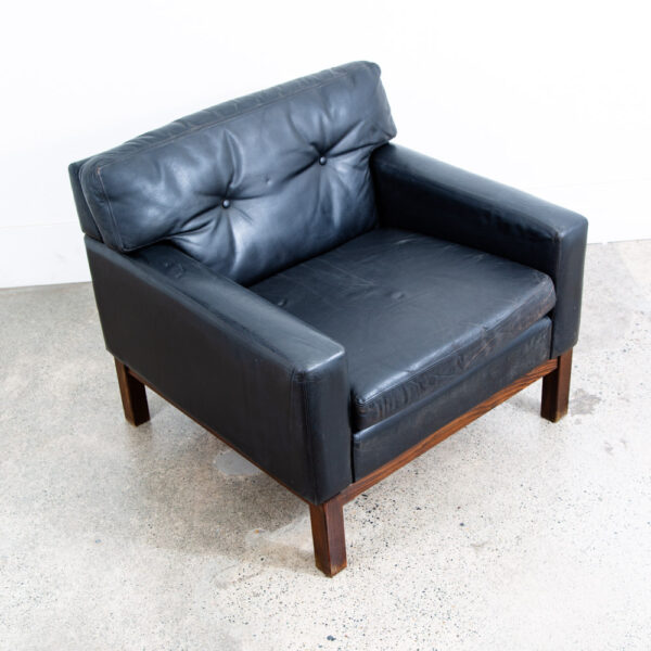 Mid Century Danish Modern Armchair Lounge Chair Wood Black Leather Tufted Mcm