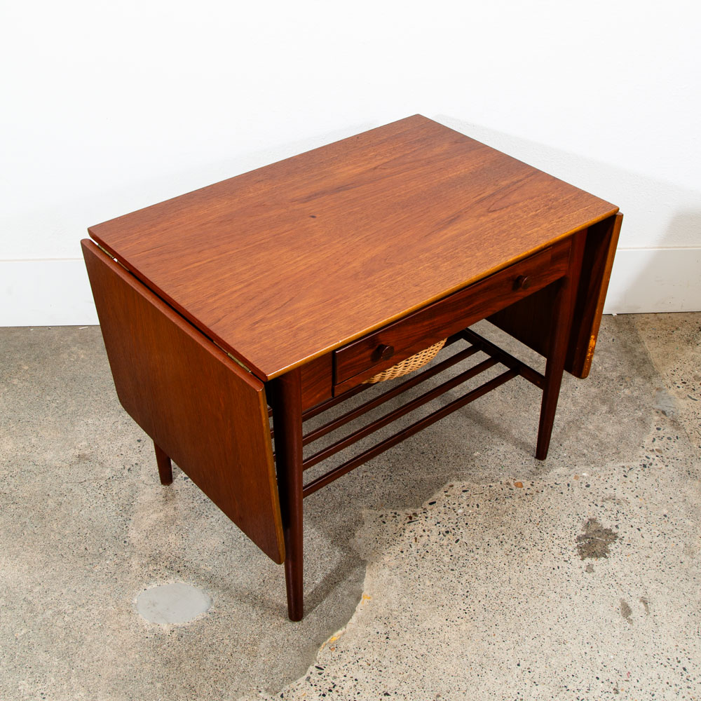 Mid Century Danish Modern Sewing Table Side Hans Wegner Teak Vintage Drop Leaf - Image 4