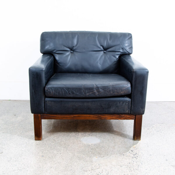 Mid Century Danish Modern Armchair Lounge Chair Wood Black Leather Tufted Mcm - Image 2