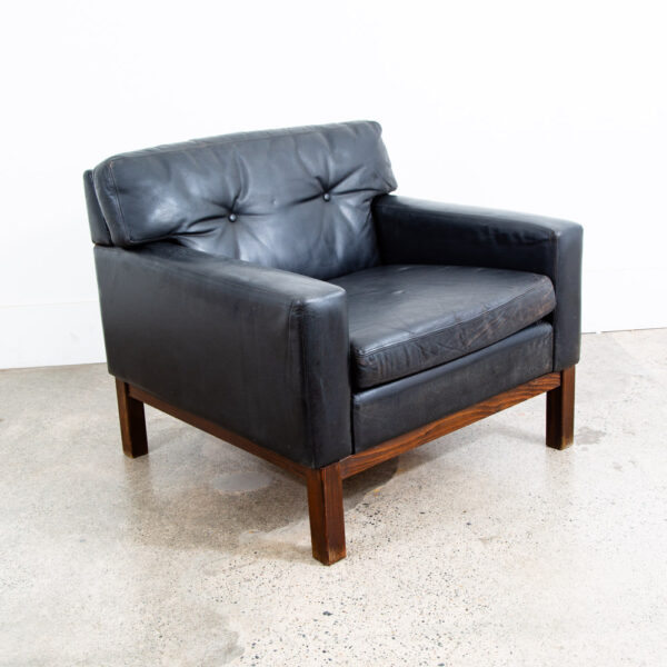 Mid Century Danish Modern Armchair Lounge Chair Wood Black Leather Tufted Mcm - Image 5