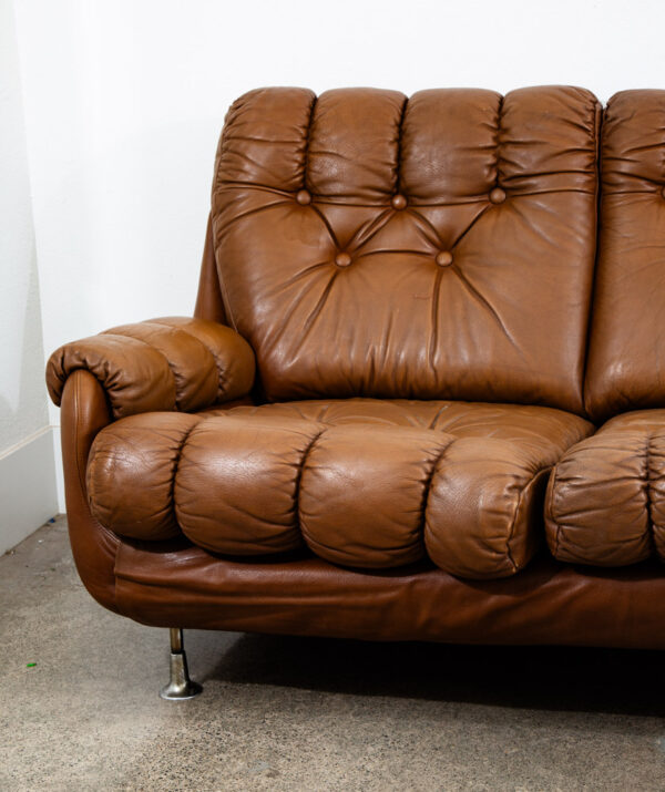 Mid Century Danish Modern Sofa couch Brown Caramel Leather Tufted 1970s 3 Seat - Image 11
