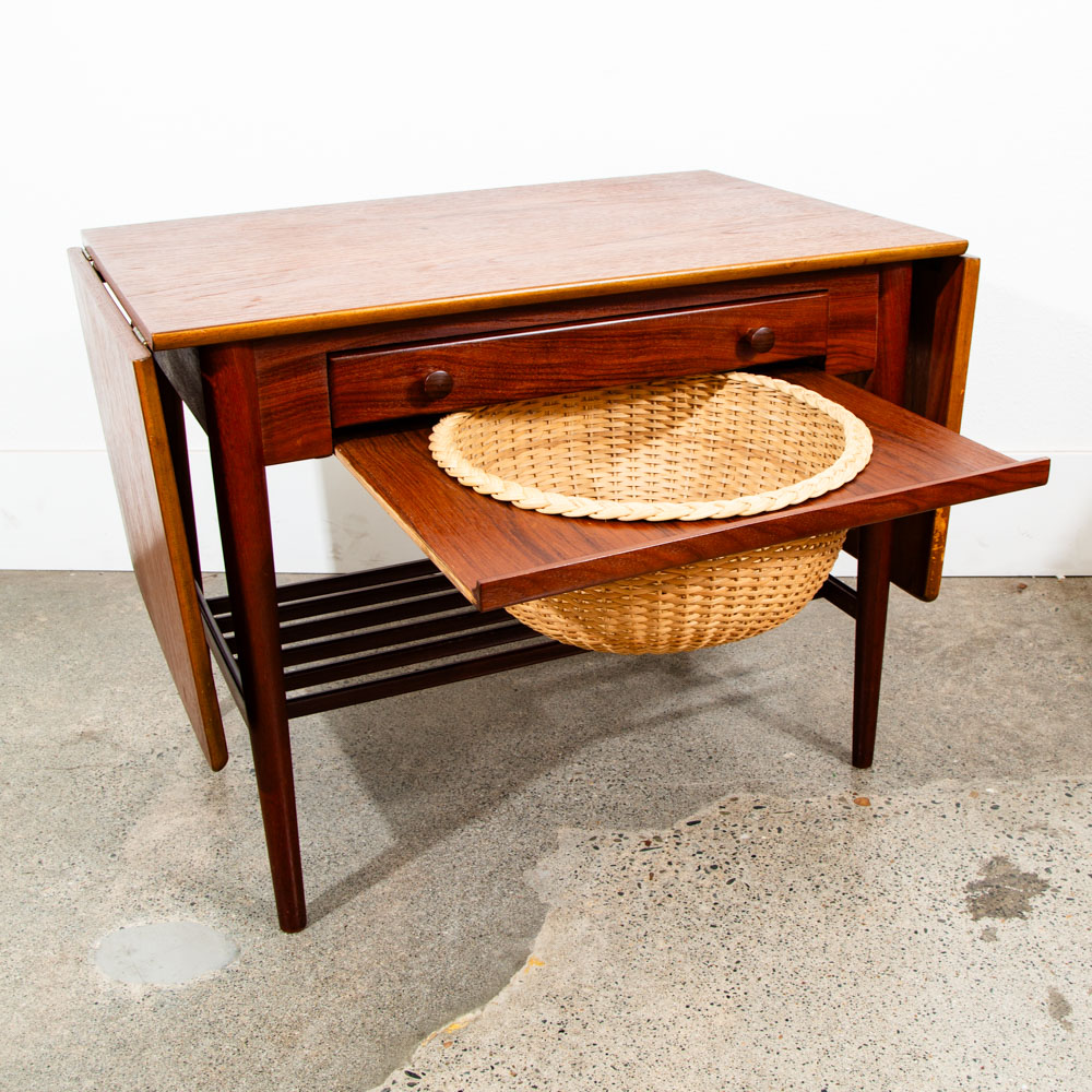 Mid Century Danish Modern Sewing Table Side Hans Wegner Teak Vintage Drop Leaf - Image 2