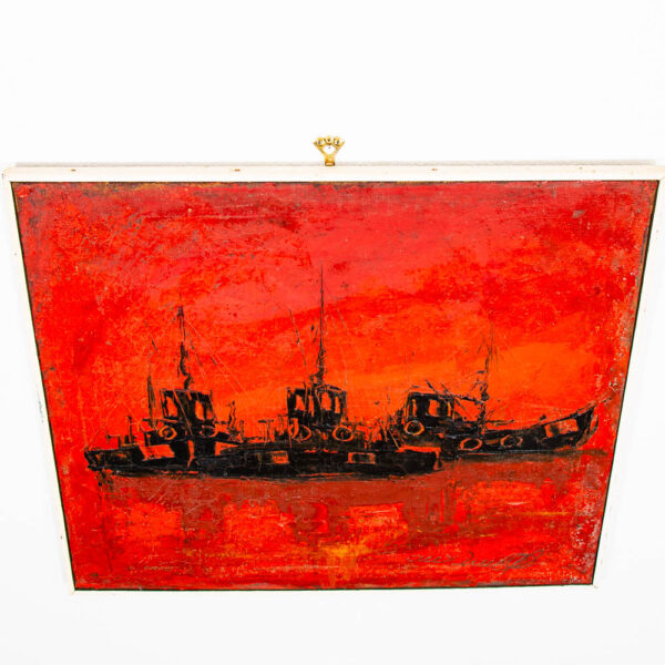 Mid Century Modern Danish Original Boats at Sea Oil Painting Abstract Red Black - Image 2