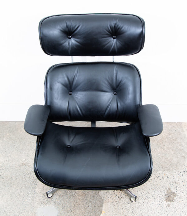 Mid Century Modern Lounge Chair Selig Plycraft Black Leather Swivel Walnut Metal - Image 4