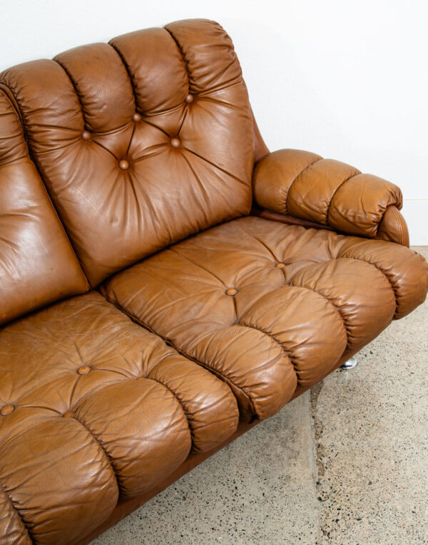 Mid Century Danish Modern Sofa couch Brown Caramel Leather Tufted 1970s 3 Seat - Image 6