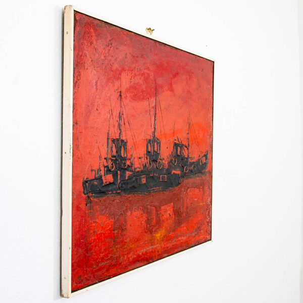 Mid Century Modern Danish Original Boats at Sea Oil Painting Abstract Red Black - Image 3