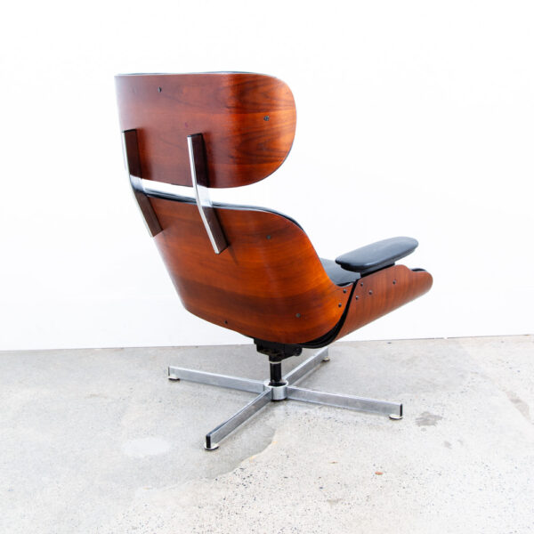 Mid Century Modern Lounge Chair Selig Plycraft Black Leather Swivel Walnut Metal - Image 6