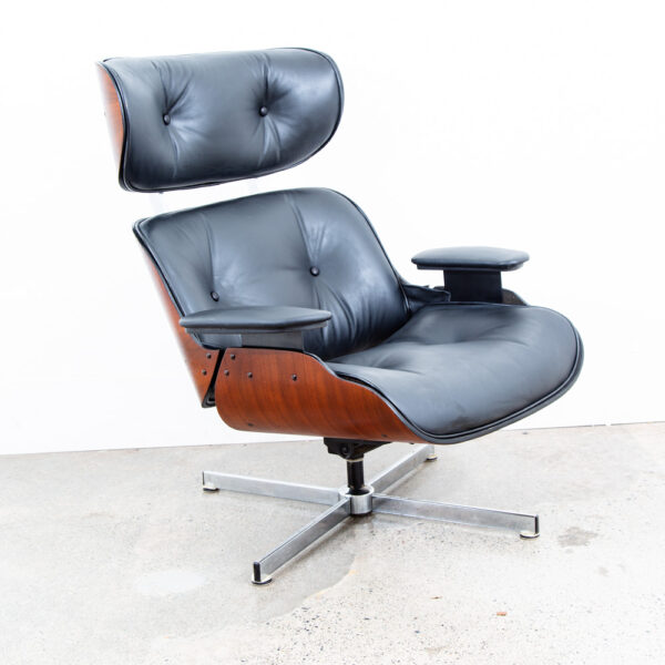 Mid Century Modern Lounge Chair Selig Plycraft Black Leather Swivel Walnut Metal