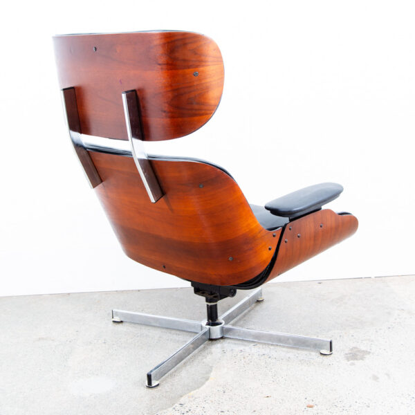 Mid Century Modern Lounge Chair Selig Plycraft Black Leather Swivel Walnut Metal - Image 3