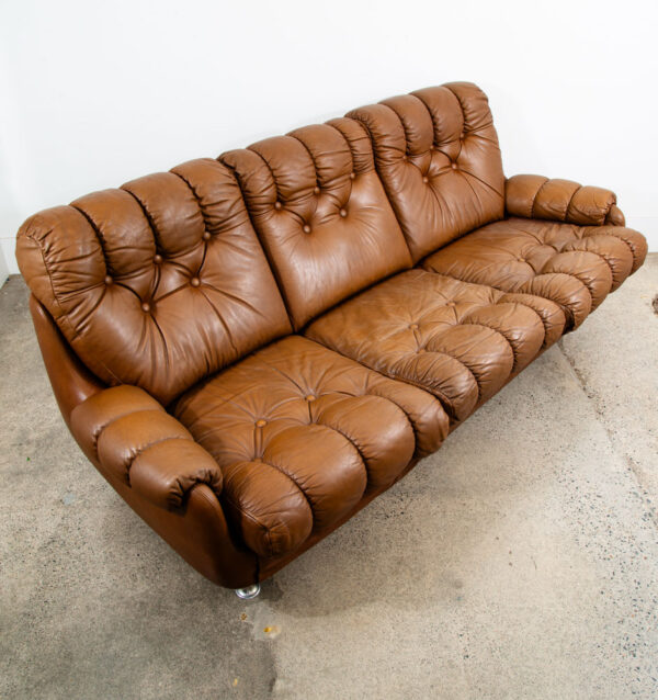 Mid Century Danish Modern Sofa couch Brown Caramel Leather Tufted 1970s 3 Seat - Image 7
