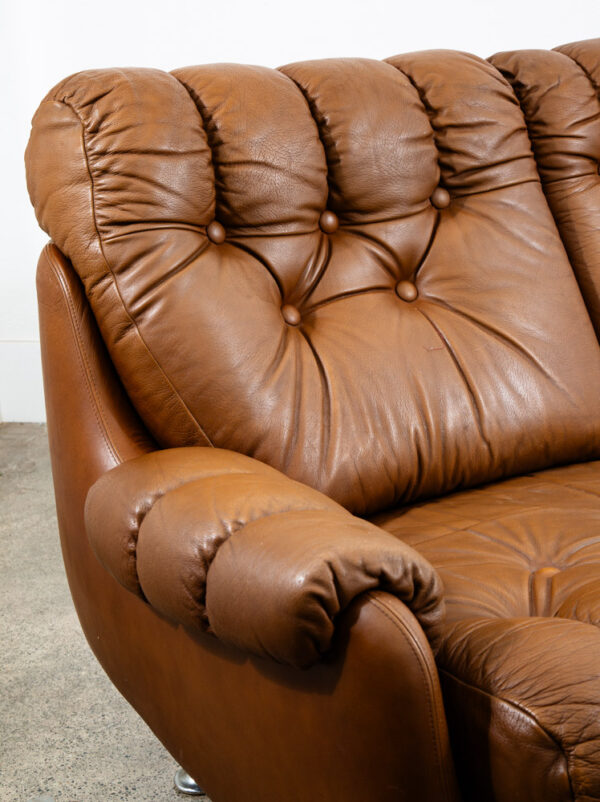 Mid Century Danish Modern Sofa couch Brown Caramel Leather Tufted 1970s 3 Seat - Image 9