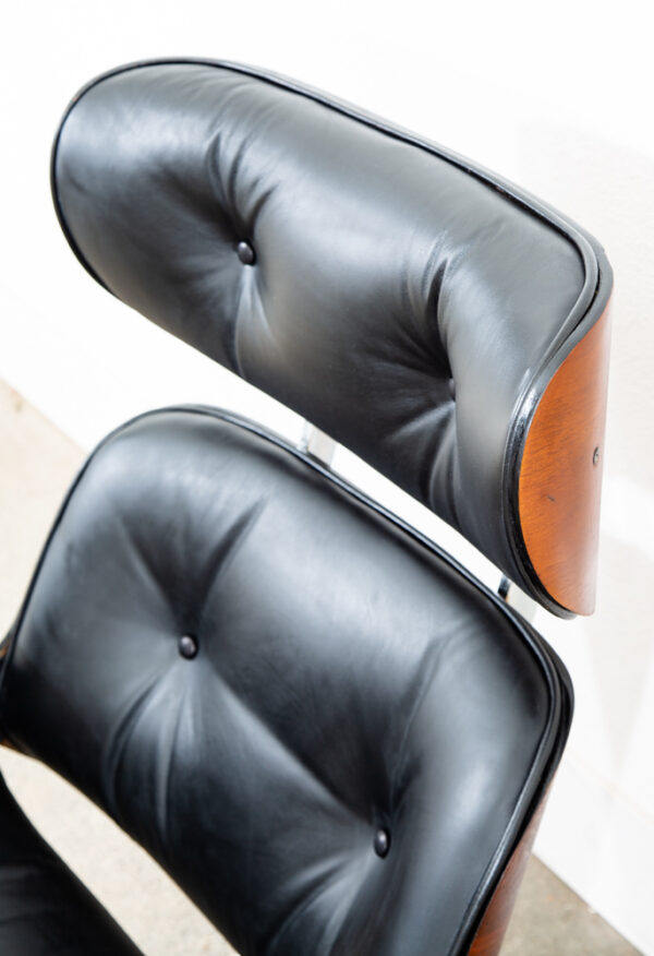 Mid Century Modern Lounge Chair Selig Plycraft Black Leather Swivel Walnut Metal - Image 12