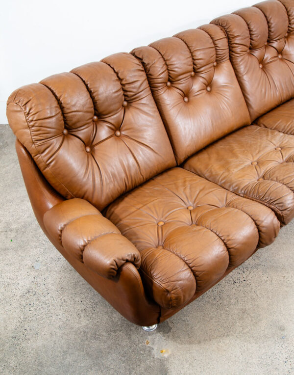 Mid Century Danish Modern Sofa couch Brown Caramel Leather Tufted 1970s 3 Seat - Image 12