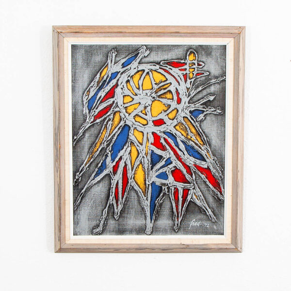 Mid Century Modern Oil Painting Danish Original Abstract Silver, Red Blue Framed