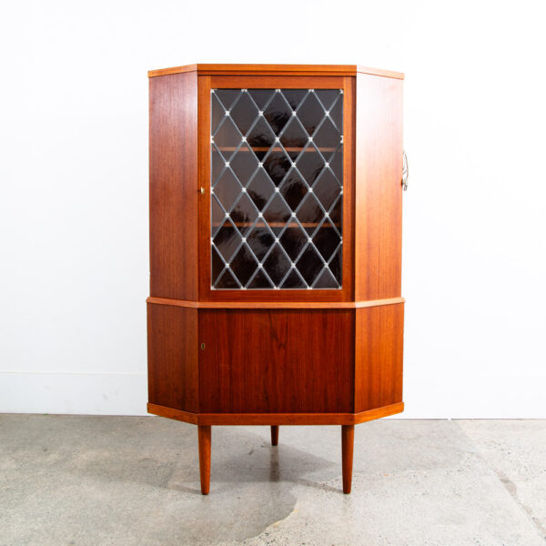 Mid Century Danish Modern Corner Cabinet Teak Wood Bar Denmark Locking Glass