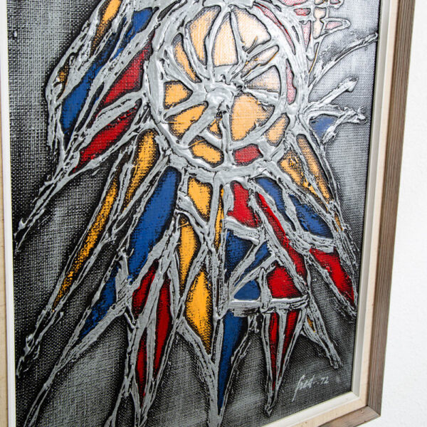 Mid Century Modern Oil Painting Danish Original Abstract Silver, Red Blue Framed - Image 6