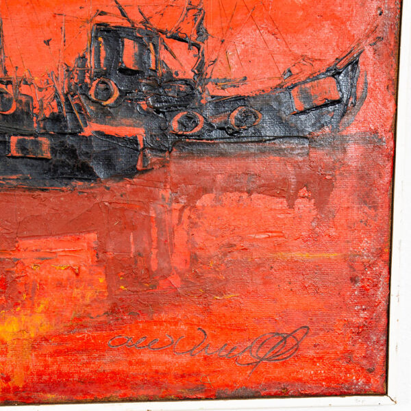 Mid Century Modern Danish Original Boats at Sea Oil Painting Abstract Red Black - Image 5
