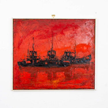 Mid Century Modern Danish Original Boats at Sea Oil Painting Abstract Red Black