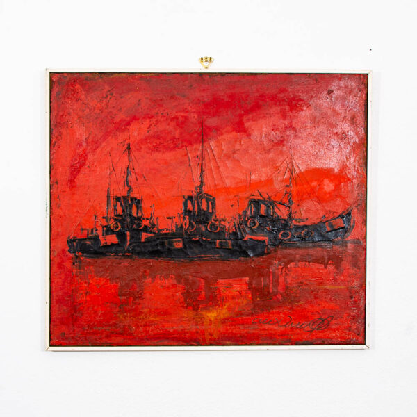 Mid Century Modern Danish Original Boats at Sea Oil Painting Abstract Red Black