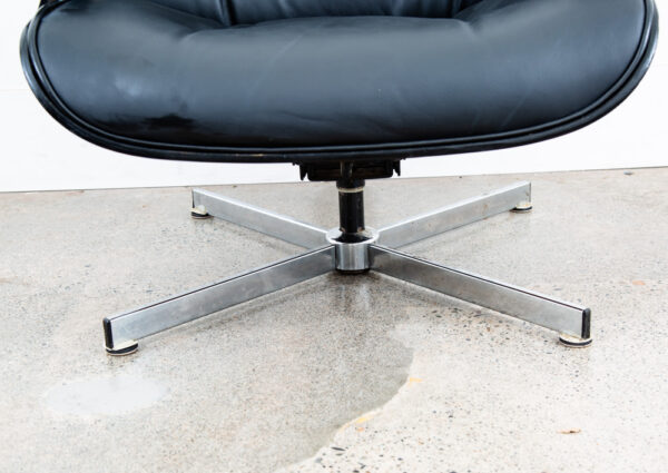 Mid Century Modern Lounge Chair Selig Plycraft Black Leather Swivel Walnut Metal - Image 9