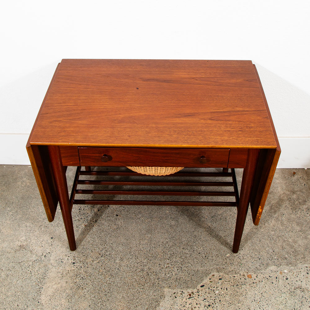 Mid Century Danish Modern Sewing Table Side Hans Wegner Teak Vintage Drop Leaf - Image 9