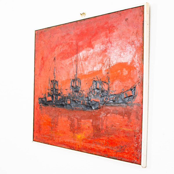 Mid Century Modern Danish Original Boats at Sea Oil Painting Abstract Red Black - Image 7