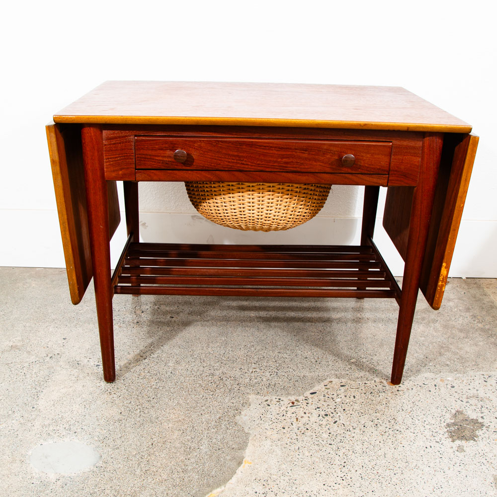 Mid Century Danish Modern Sewing Table Side Hans Wegner Teak Vintage Drop Leaf - Image 3