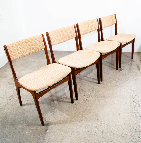 Mid Century Danish Modern Dining Chairs Set 4 Solid Teak Yellow White Tweed Mcm