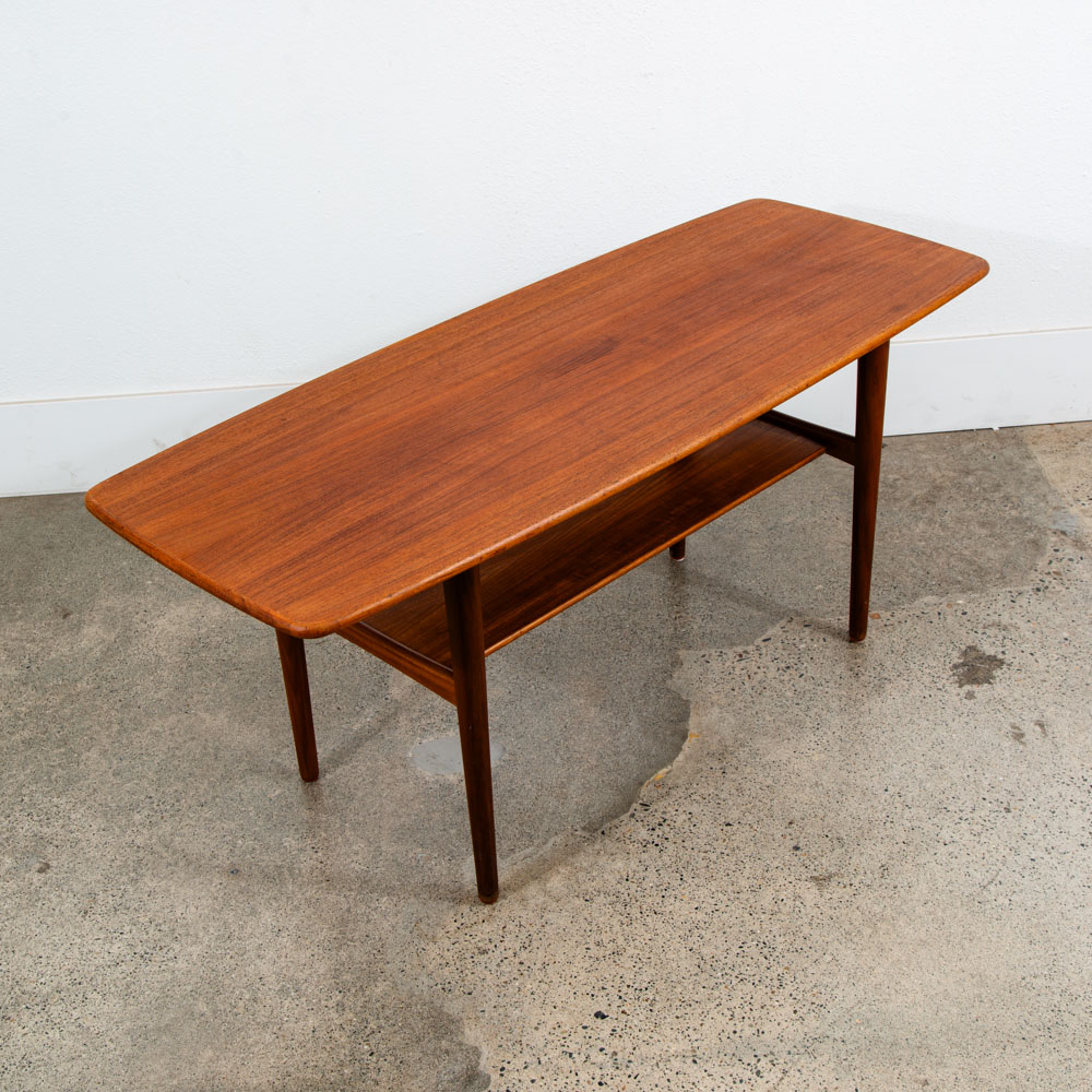 Mid Century Danish Modern Coffee Table Solid Teak Denmark Surfboard Shelf Mcm M