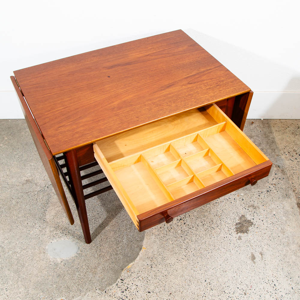 Mid Century Danish Modern Sewing Table Side Hans Wegner Teak Vintage Drop Leaf - Image 10
