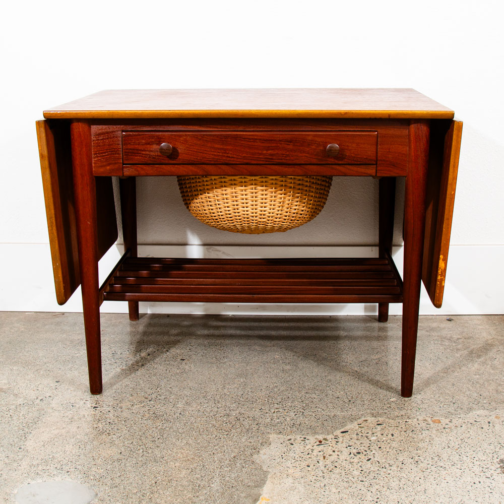 Mid Century Danish Modern Sewing Table Side Hans Wegner Teak Vintage Drop Leaf