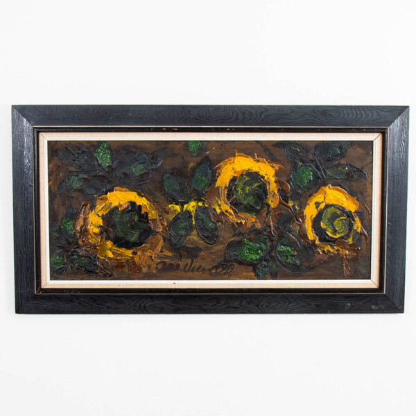 Mid Century Modern Oil Painting Danish Original Sun Flower Black Frame Vintage