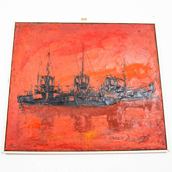 Mid Century Modern Danish Original Boats at Sea Oil Painting Abstract Red Black - Image 4