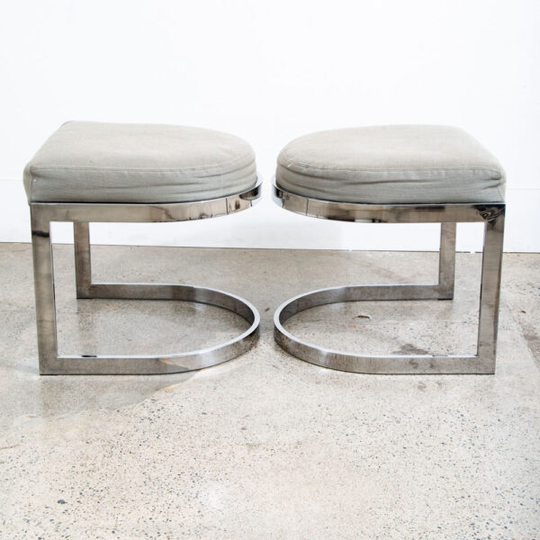 Mid Century Modern Stool Set Ottoman Stool Milo Baughman Chrome Pair Two Fabric - Image 2