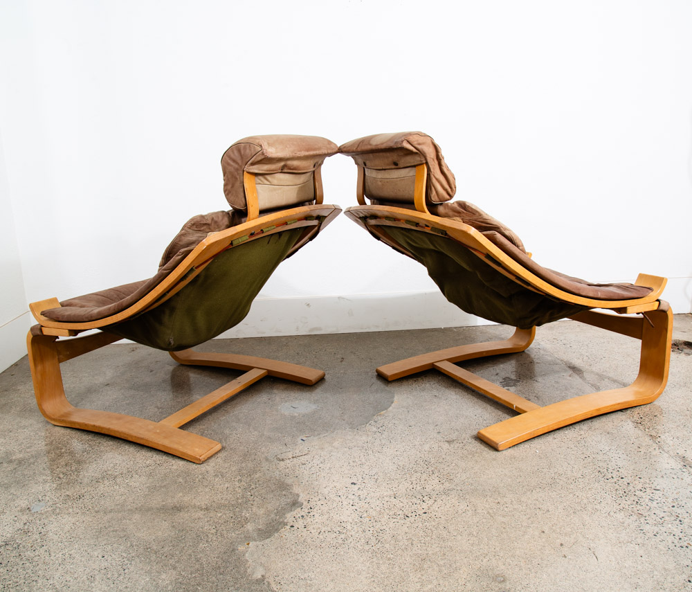Mid Century Danish Modern Lounge Chairs Brown Leather Bentwood Set Pair Tandem - Image 3