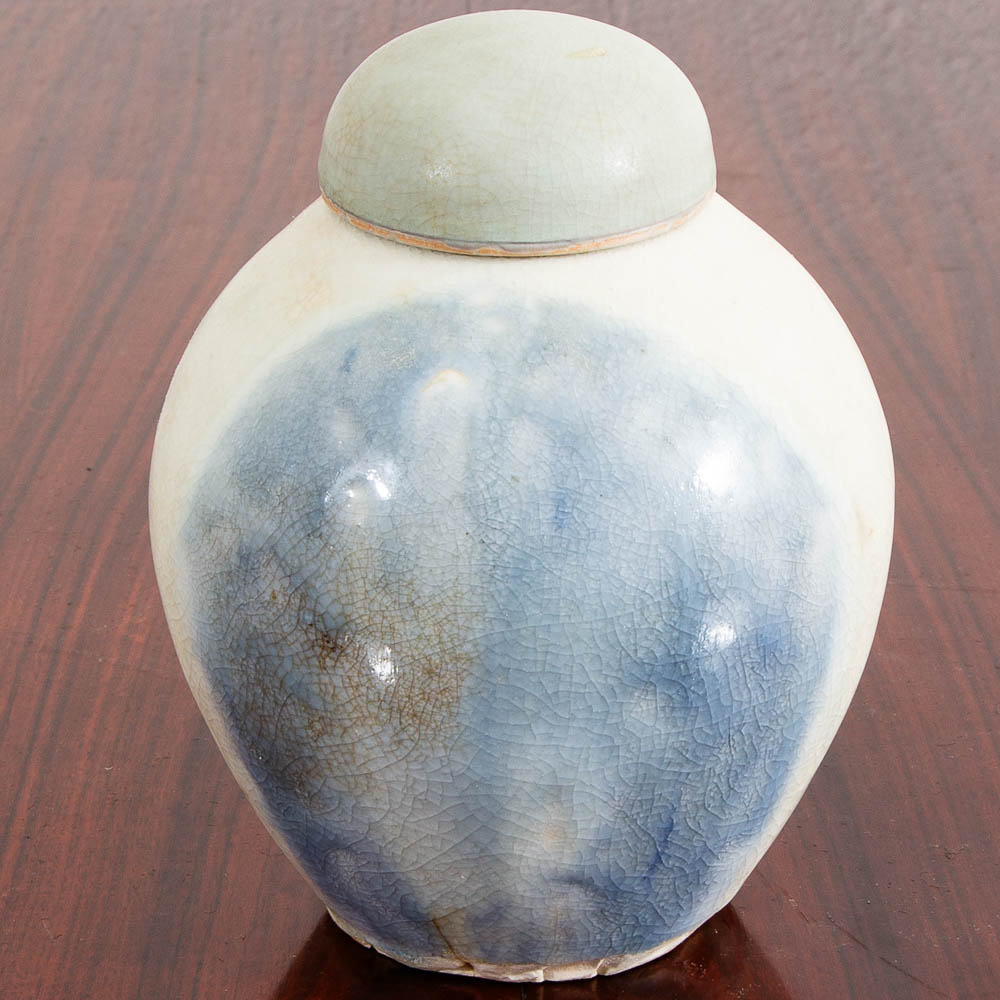 Mid Century Modern Lidded Vessel Studio Designed Rounded Vessel Blue Glazed Lid - Image 8